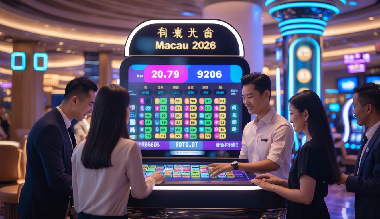 Suasana ruang judi togel modern dengan perangkat digital dan orang-orang yang sedang bermain di dalam sebuah lounge yang terang dan nyaman.