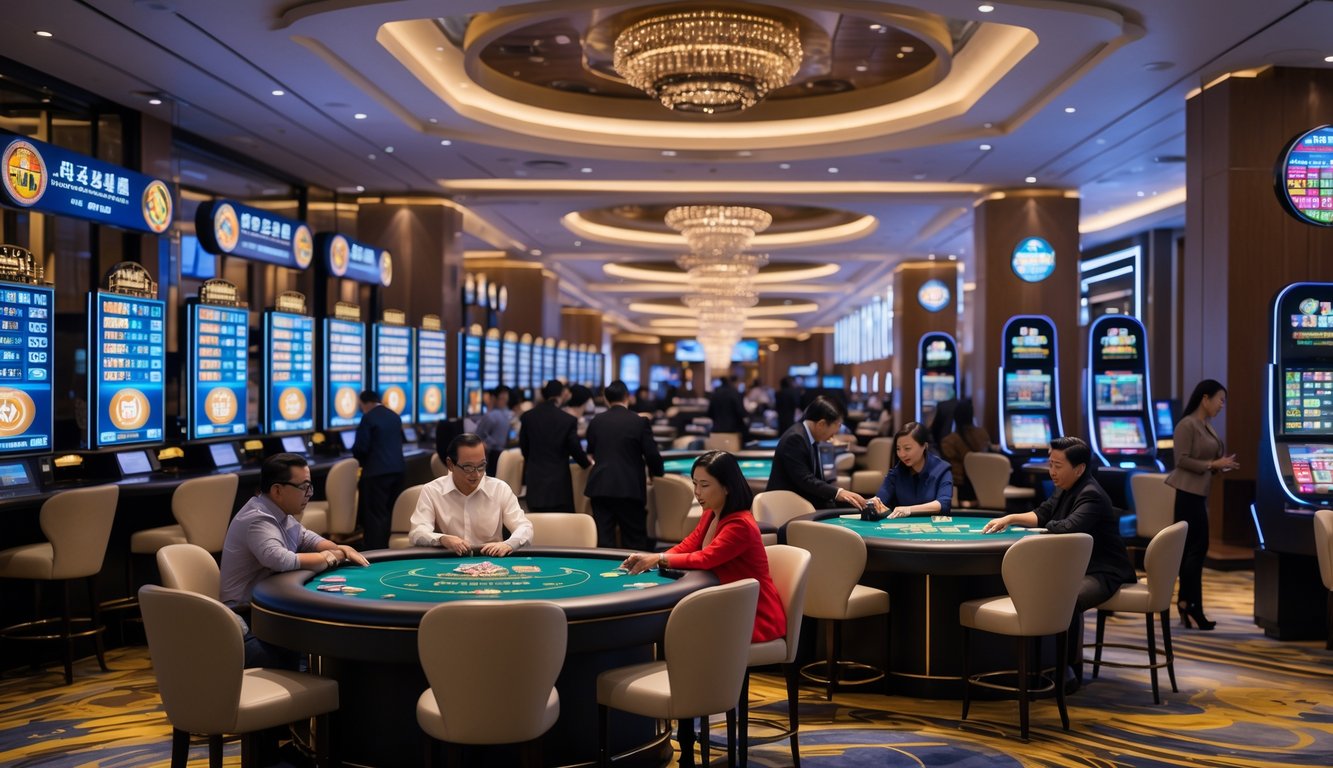 Orang-orang sedang bermain judi di dalam kasino modern dengan pemandangan kota Macau di latar belakang.