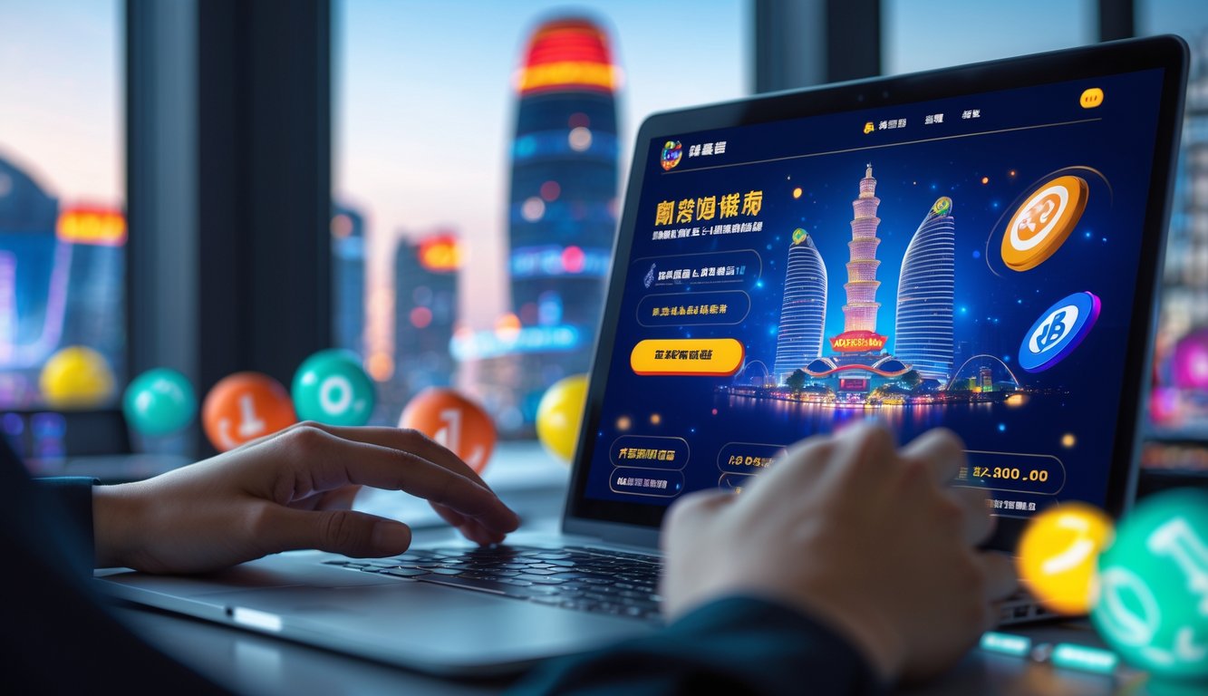 Seseorang menggunakan laptop untuk mengakses platform judi togel Macau secara online dengan latar belakang ikon kota Macau.