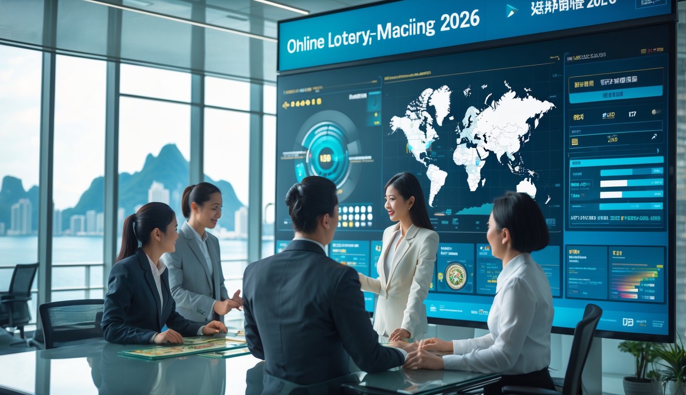 Sekelompok profesional bekerja di kantor modern dengan layar digital yang menampilkan data terkait Macau, dengan pemandangan kota Macau di latar belakang.