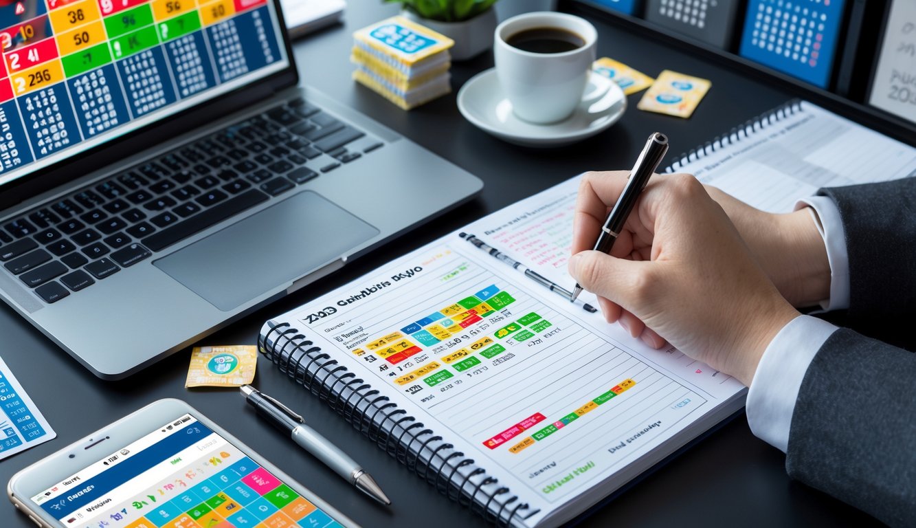 Meja kerja dengan laptop, buku catatan, tiket lotre, dan smartphone yang menunjukkan aplikasi lotre, menggambarkan persiapan bermain judi togel 4D.