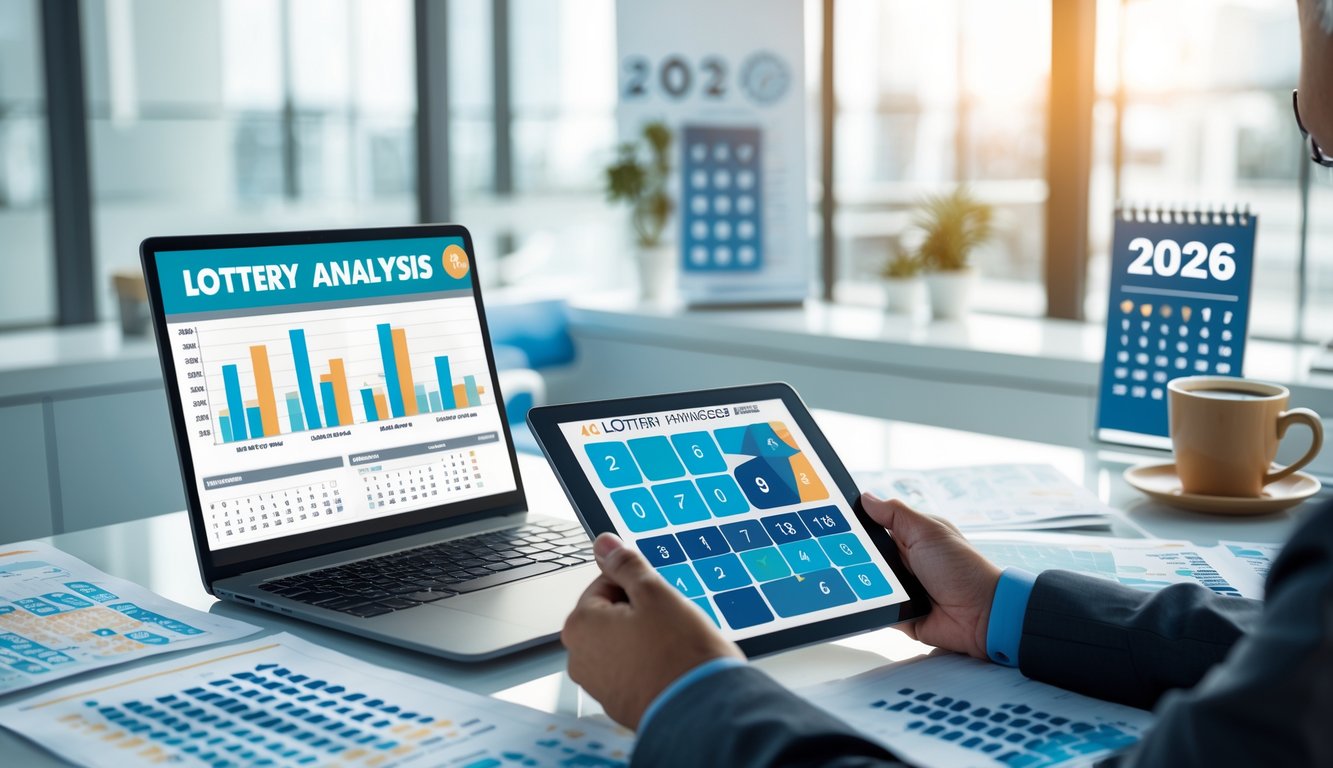 Seorang profesional sedang menganalisis data angka togel 4D tahun 2026 di meja kerja dengan laptop dan tablet di ruang kantor yang terang.