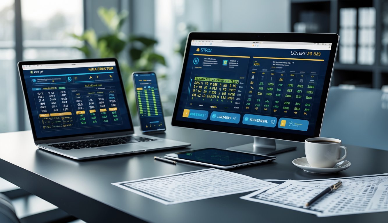 Meja kerja dengan perangkat digital menampilkan grafik statistik dan pola angka togel, dilengkapi kertas data dan alat tulis.