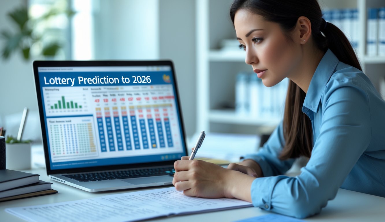 Seseorang sedang menganalisis data prediksi togel 4D tahun 2026 di meja kerja dengan laptop dan catatan.