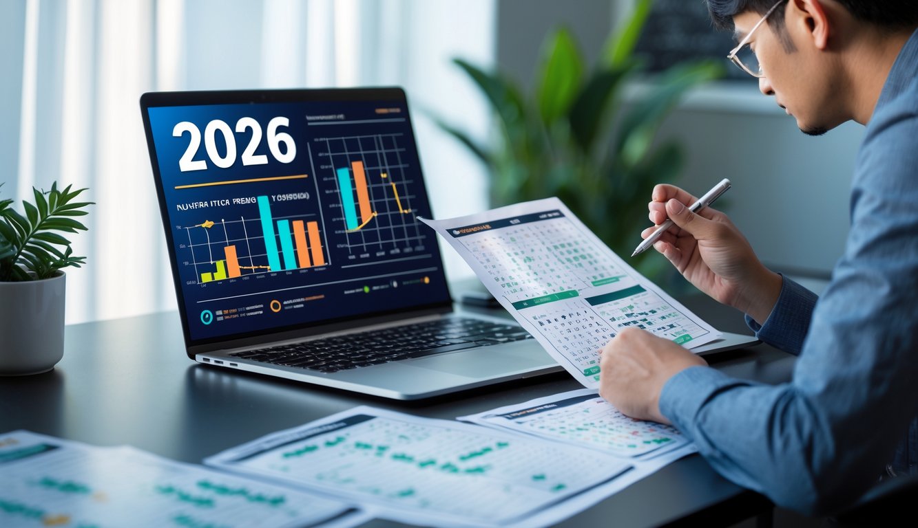 Seorang pria sedang menganalisis angka dan grafik di meja kerja yang rapi dengan laptop dan kertas catatan.