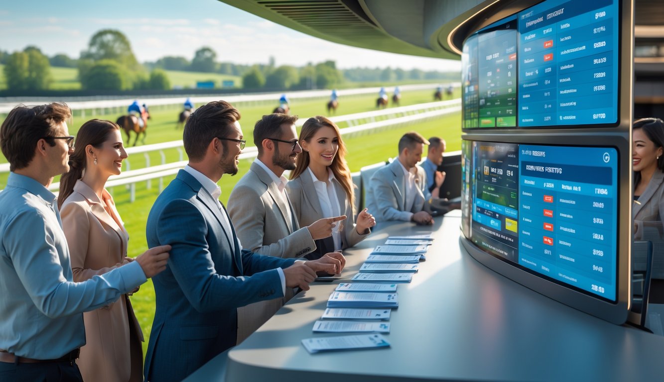 Orang-orang sedang memasang taruhan pada balap kuda di sebuah arena balap dengan layar digital yang menampilkan sistem taruhan terbaru dan peluang menang.
