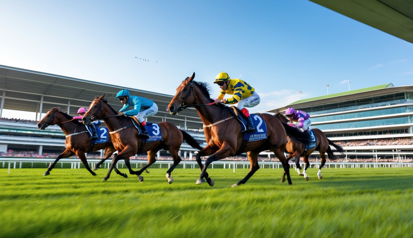 Beberapa kuda pacu berlari cepat di lintasan dengan joki mengenakan pakaian berwarna-warni, di depan tribun penonton yang ramai.