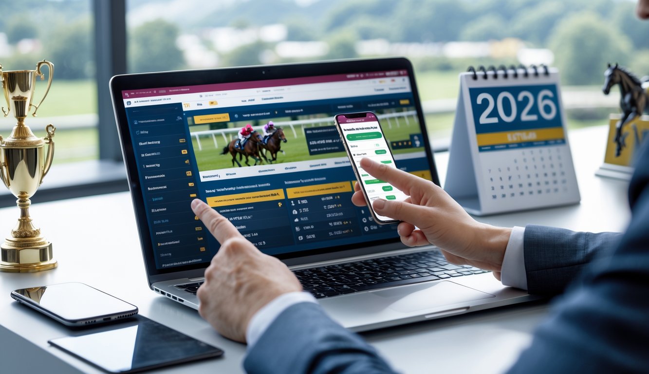 Seseorang menggunakan laptop dan ponsel untuk melihat peluang dan kuda unggulan dalam judi balap kuda online tahun 2026 di sebuah ruang kerja.