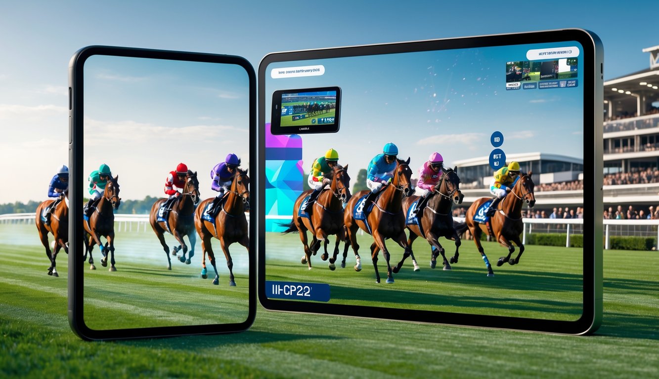 Balapan kuda di lintasan dengan joki mengenakan pakaian berwarna-warni, layar digital besar menampilkan siaran langsung balapan, dan penonton yang antusias mengamati acara.