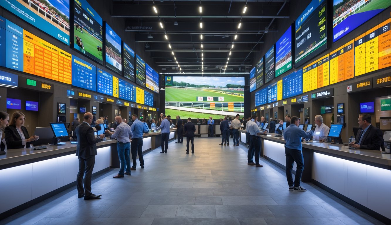 Suasana pasar taruhan balap kuda yang ramai dengan orang-orang memasang taruhan dan layar digital menampilkan data balapan.