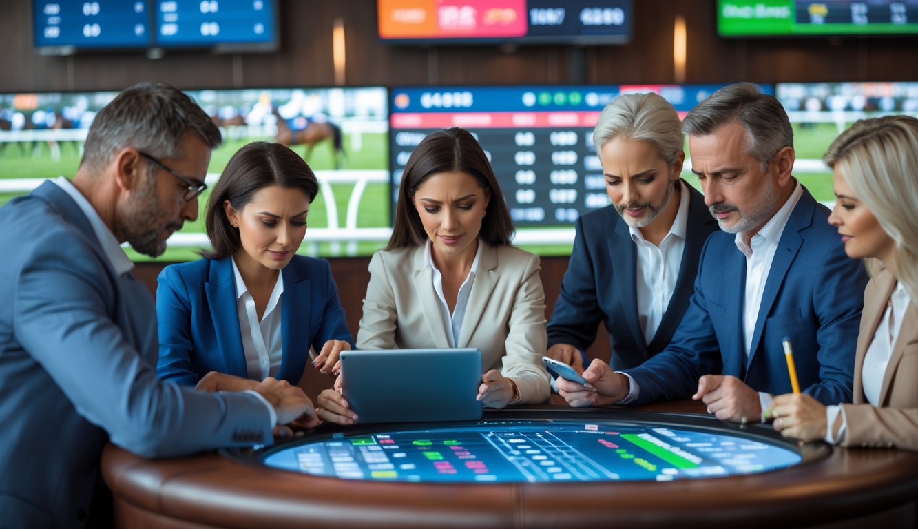 Sekelompok orang serius sedang menggunakan perangkat digital untuk memasang taruhan balap kuda di sebuah ruang taruhan modern.