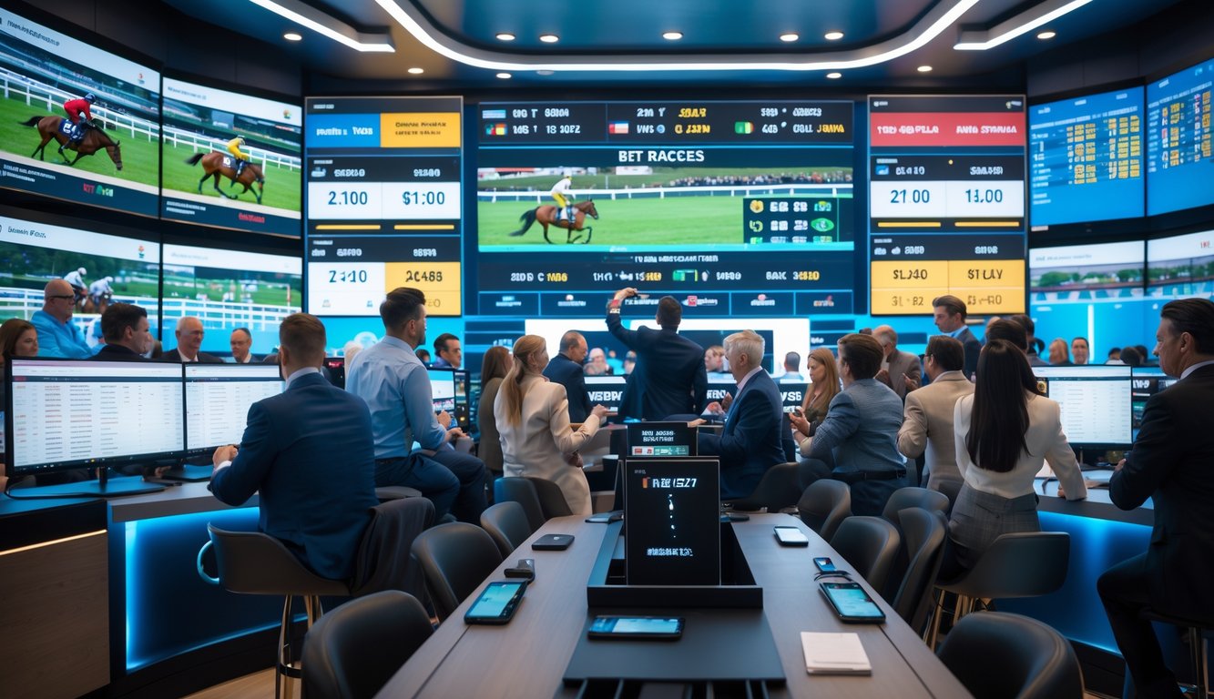 Sekelompok orang sedang menonton dan memasang taruhan pada balap kuda di sebuah ruang taruhan modern dengan layar besar yang menampilkan balapan dan jadwal.