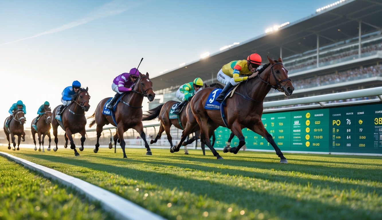 Beberapa kuda pacu dengan joki sedang berlomba di lintasan balap di depan tribun penonton yang ramai.