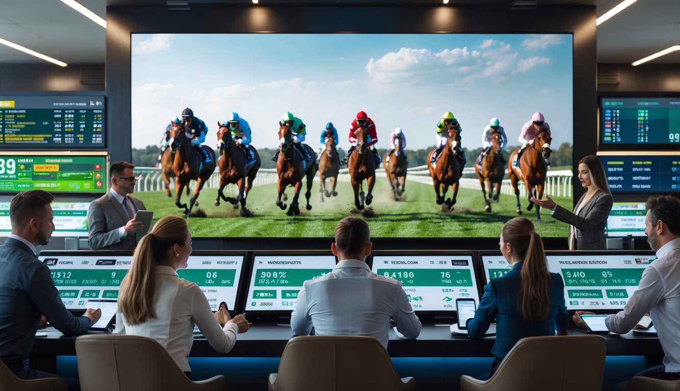 Sekelompok orang sedang melihat layar besar menampilkan balap kuda dan data taruhan di ruang taruhan modern.