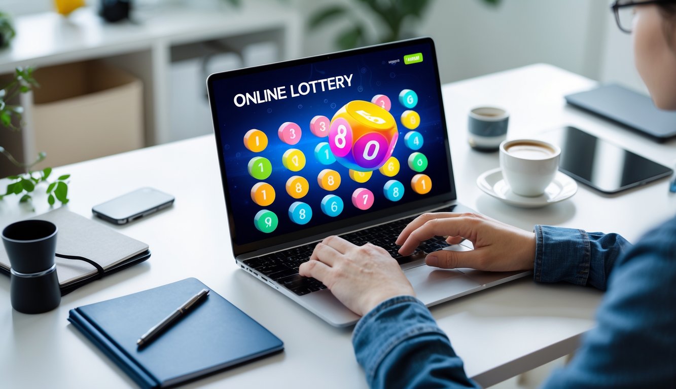 Sebuah ruang kerja modern dengan laptop yang menampilkan antarmuka togel 3D, tangan seseorang sedang berinteraksi dengan perangkat, dan meja yang rapi dengan beberapa alat tulis dan secangkir kopi.