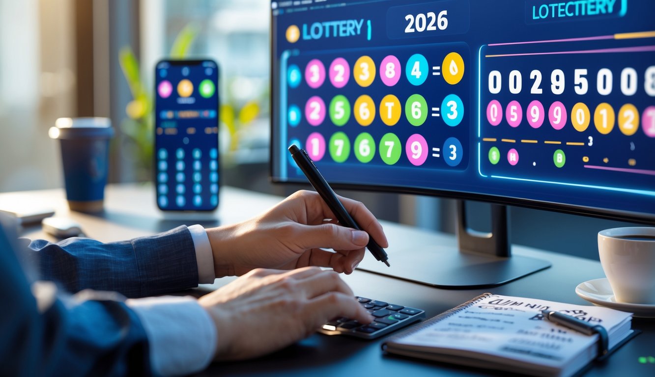 Seseorang menggunakan komputer dengan grafik angka togel 3D dan analisis di meja kerja modern.