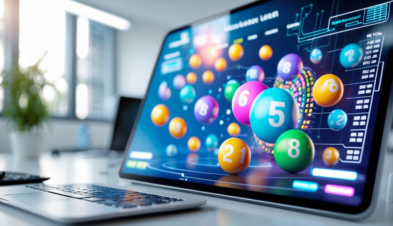Layar komputer modern menampilkan grafik 3D warna-warni dari bola lotre dalam lingkungan kantor yang terang dan bersih.