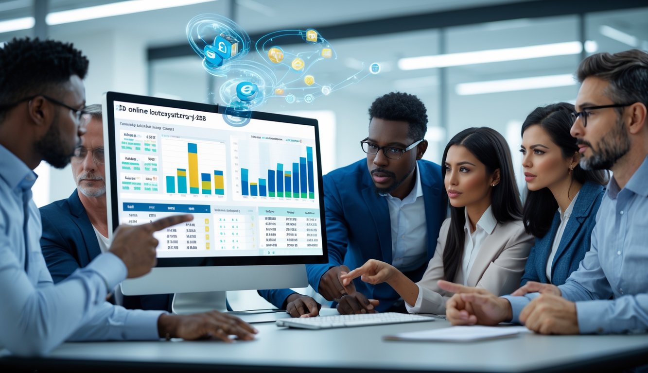 Beberapa orang dewasa sedang berdiskusi di depan komputer dengan grafik dan elemen 3D yang menggambarkan strategi bermain togel online.