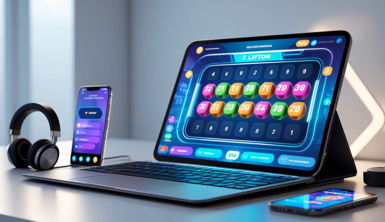Seseorang menggunakan perangkat digital dengan tampilan permainan togel 3D modern di meja kerja yang rapi.