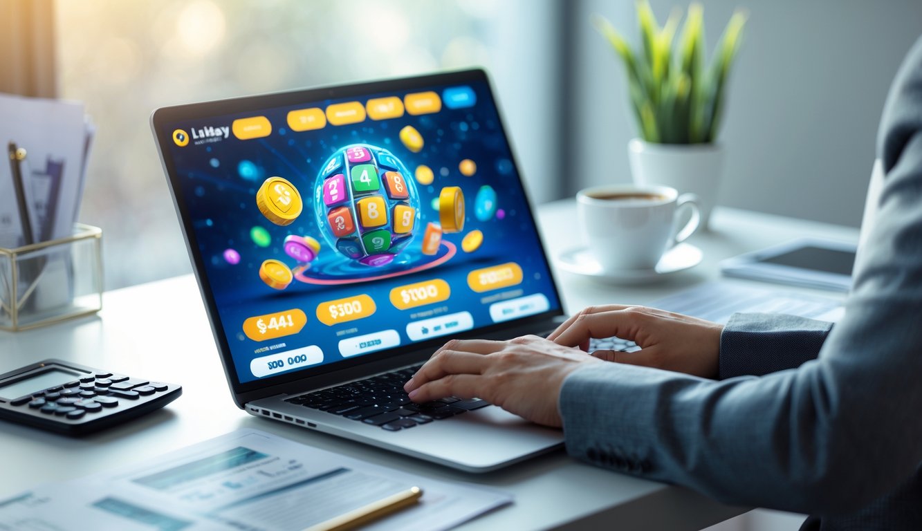 Meja kerja dengan laptop menampilkan permainan togel 3D, dokumen keuangan, kalkulator, dan tangan seseorang yang sedang mengetik.