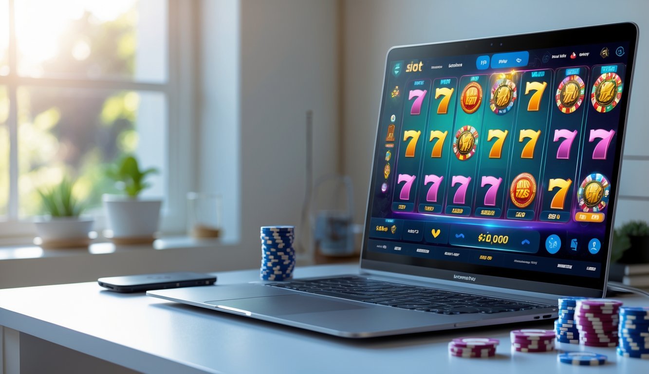 Seorang pemain menggunakan laptop dan ponsel untuk bermain slot online di meja yang rapi dengan suasana ruangan yang terang dan nyaman.
