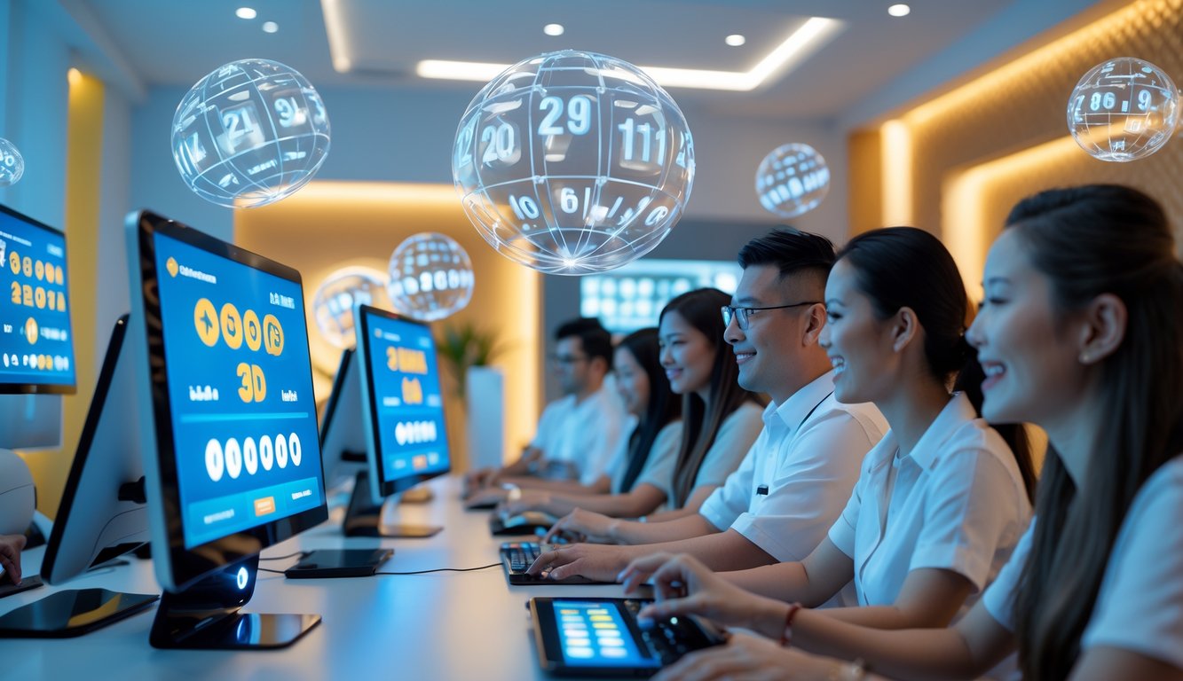 Beberapa pemain sedang menggunakan perangkat digital untuk bermain togel online dengan antusias di sebuah ruangan modern.