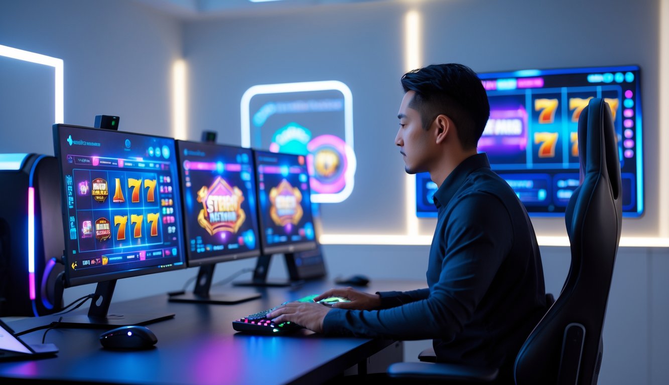 Seorang pemain dewasa duduk di depan beberapa monitor komputer yang menampilkan permainan slot online dengan suasana ruangan modern dan peralatan teknologi canggih.
