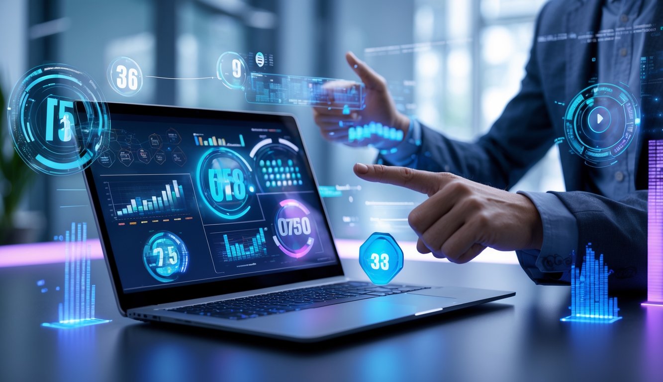 Seorang profesional di depan laptop dengan grafik dan angka 3D yang melayang, menunjukkan analisis tren judi togel online di lingkungan kantor modern.