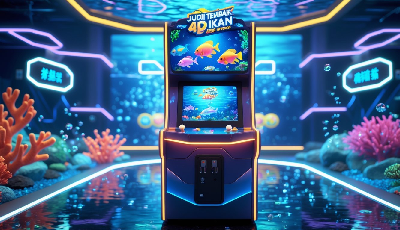 Mesin permainan arkade bertema bawah laut dengan ikan warna-warni dan efek cahaya neon di lingkungan laut yang hidup.
