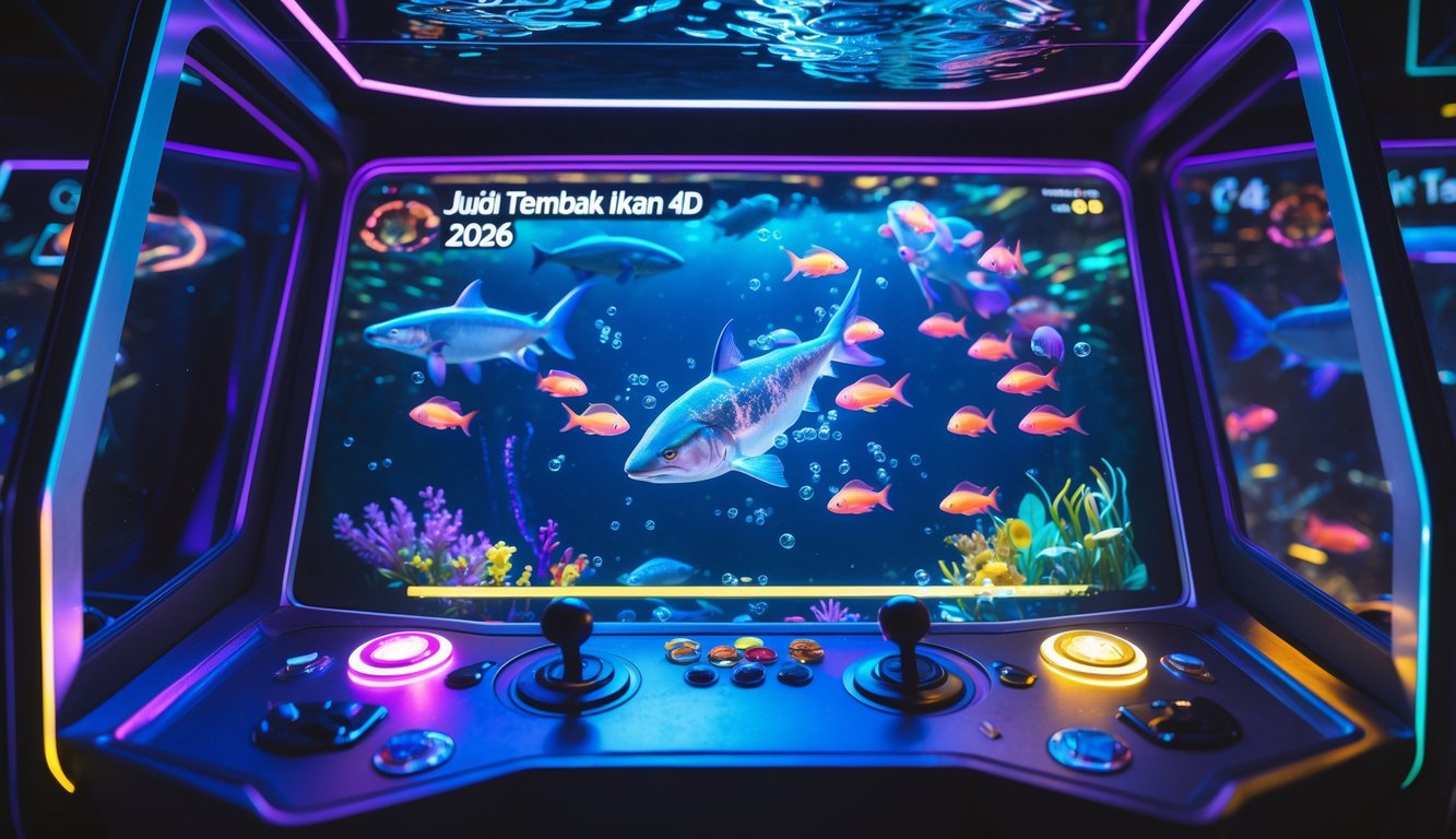 Sebuah mesin arcade modern dengan lampu neon dan layar menampilkan permainan ikan yang penuh warna dan menantang, dikelilingi oleh berbagai ikan dan makhluk laut.