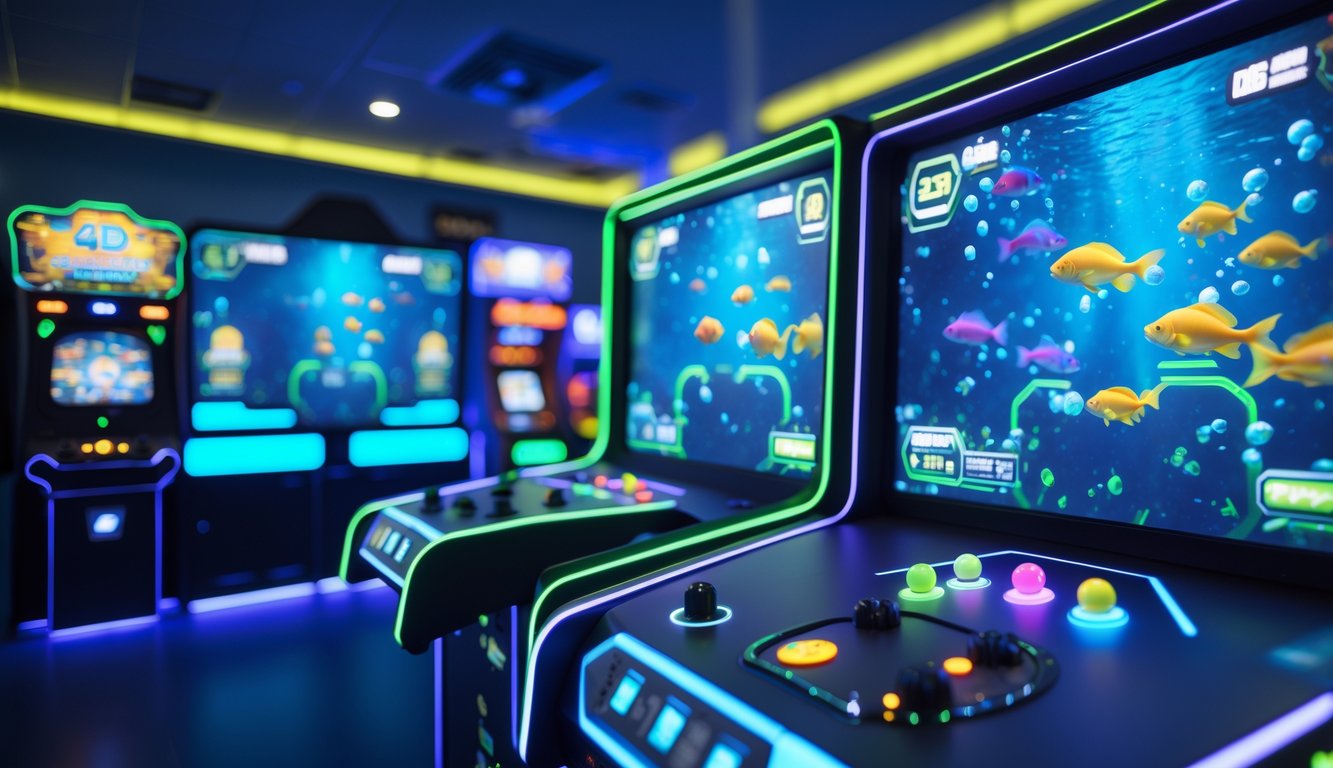 Sebuah mesin permainan tembak ikan modern dengan layar berwarna cerah dan suasana arcade yang futuristik.