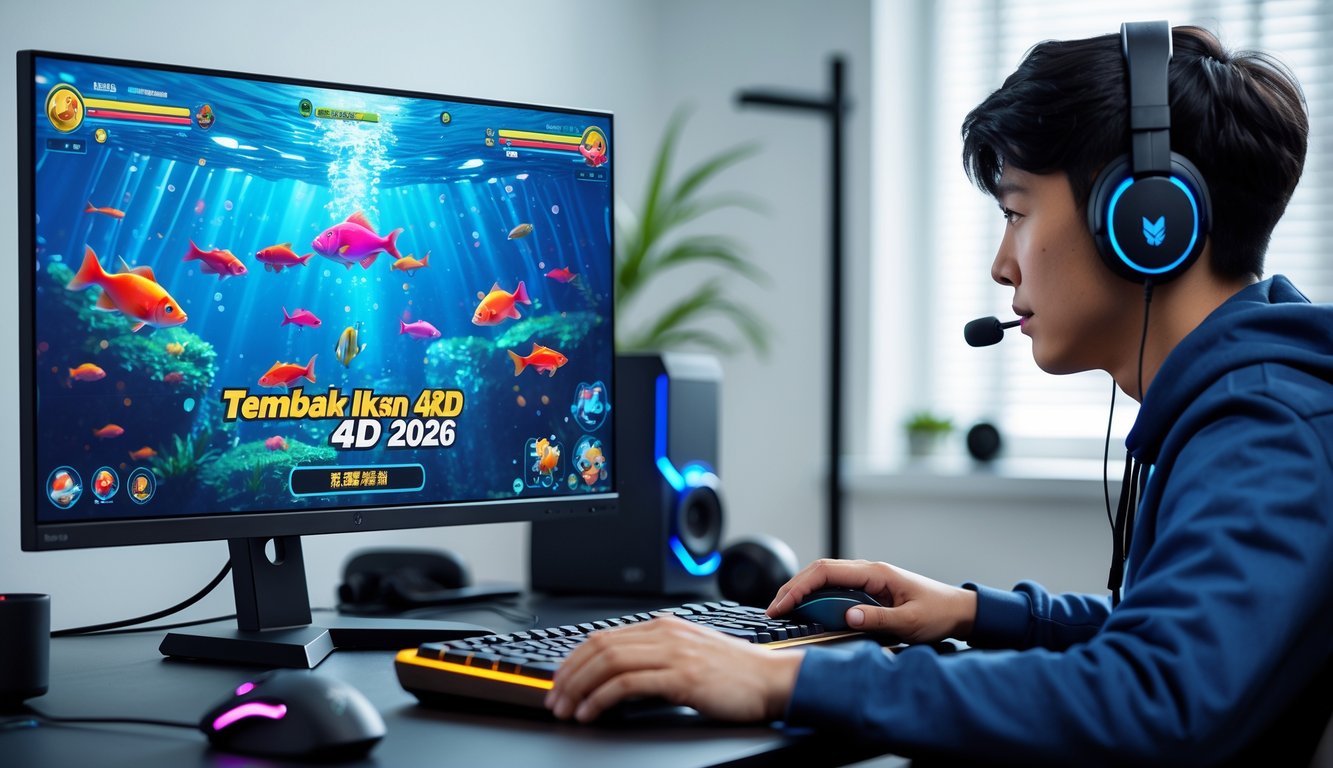 Seorang pemain muda sedang bermain game tembak ikan di komputer dengan tampilan grafis ikan berwarna-warni di layar.