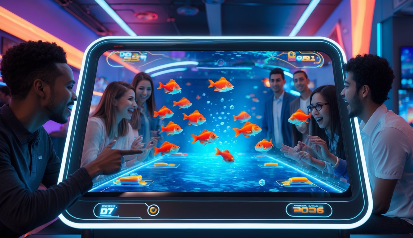 Orang-orang bermain game tembak ikan online dengan layar sentuh besar dan animasi ikan berwarna-warni di latar bawah laut.