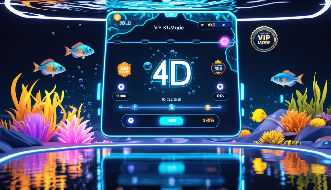 Antarmuka permainan tembak ikan dengan visual bawah laut berwarna-warni dan elemen mode VIP serta bonus menarik.