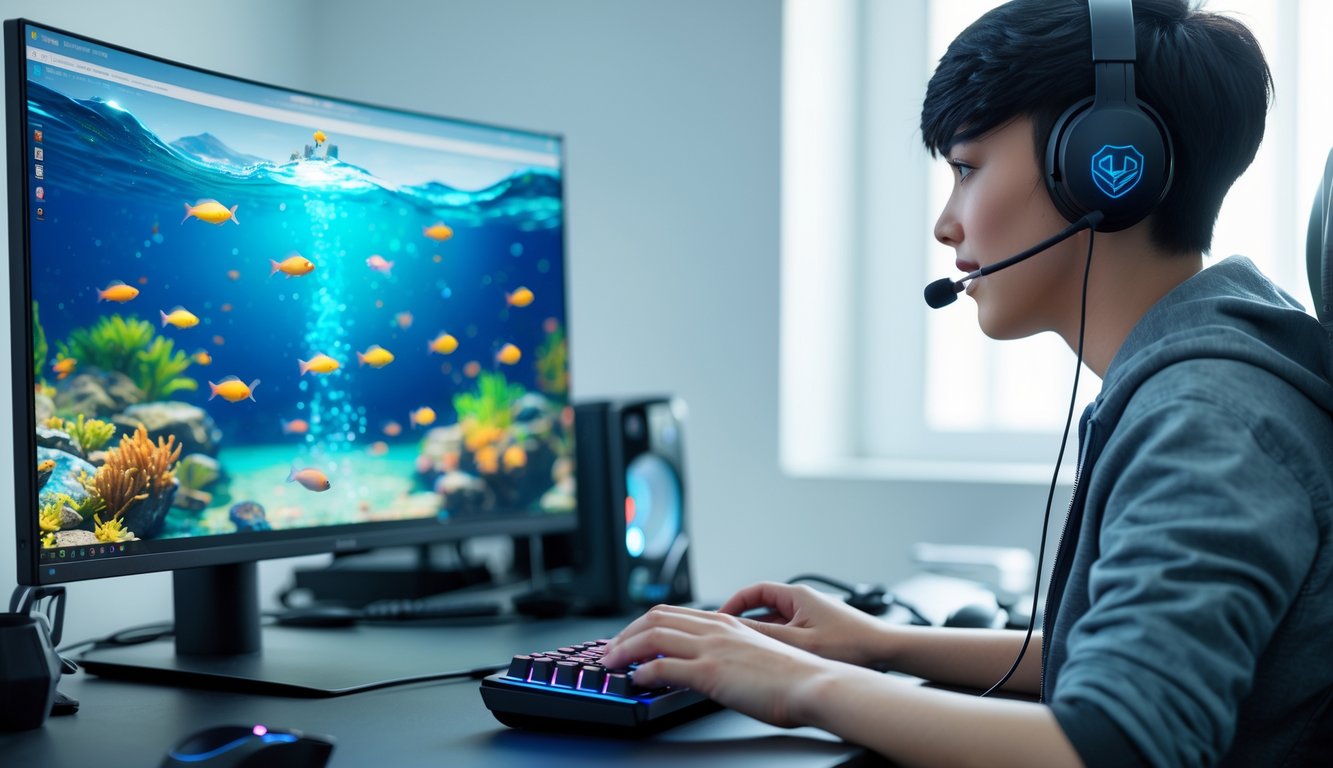 Seseorang sedang bermain game tembak ikan di komputer dengan latar ruangan yang rapi dan terang.