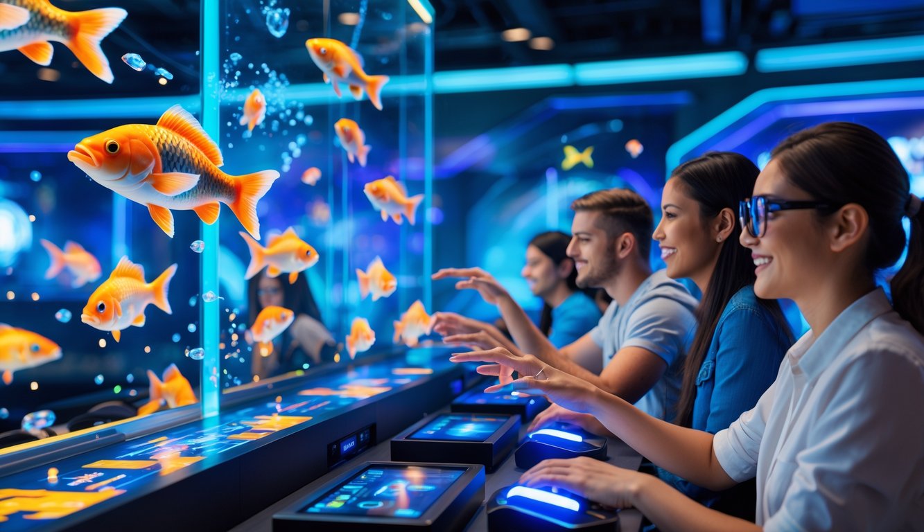 Beberapa orang bermain game menembak ikan dengan layar digital dan kontrol futuristik di ruangan berteknologi tinggi.