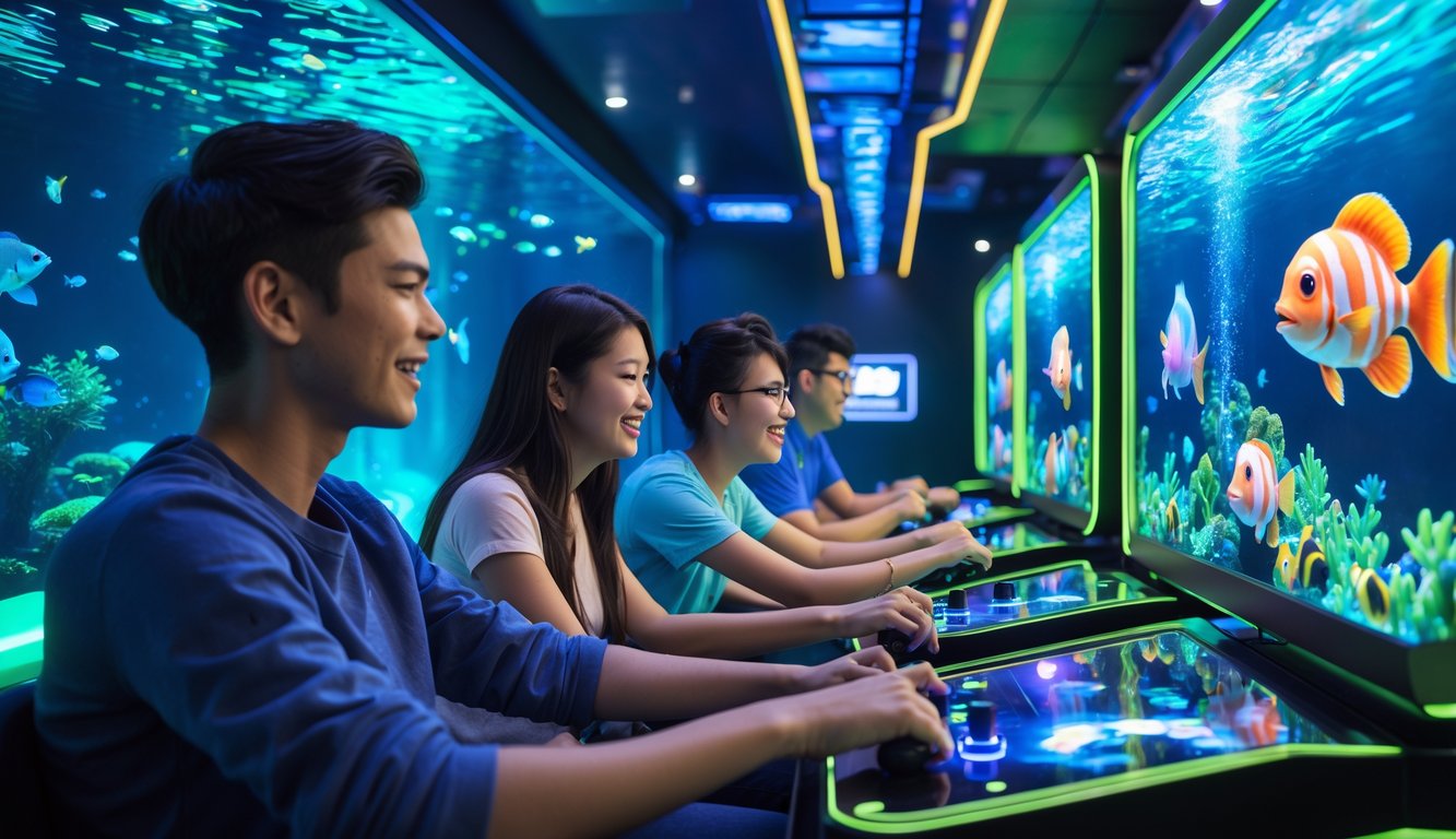 Beberapa orang sedang bermain permainan tembak ikan di ruang arcade dengan layar warna-warni dan pencahayaan biru hijau yang cerah.