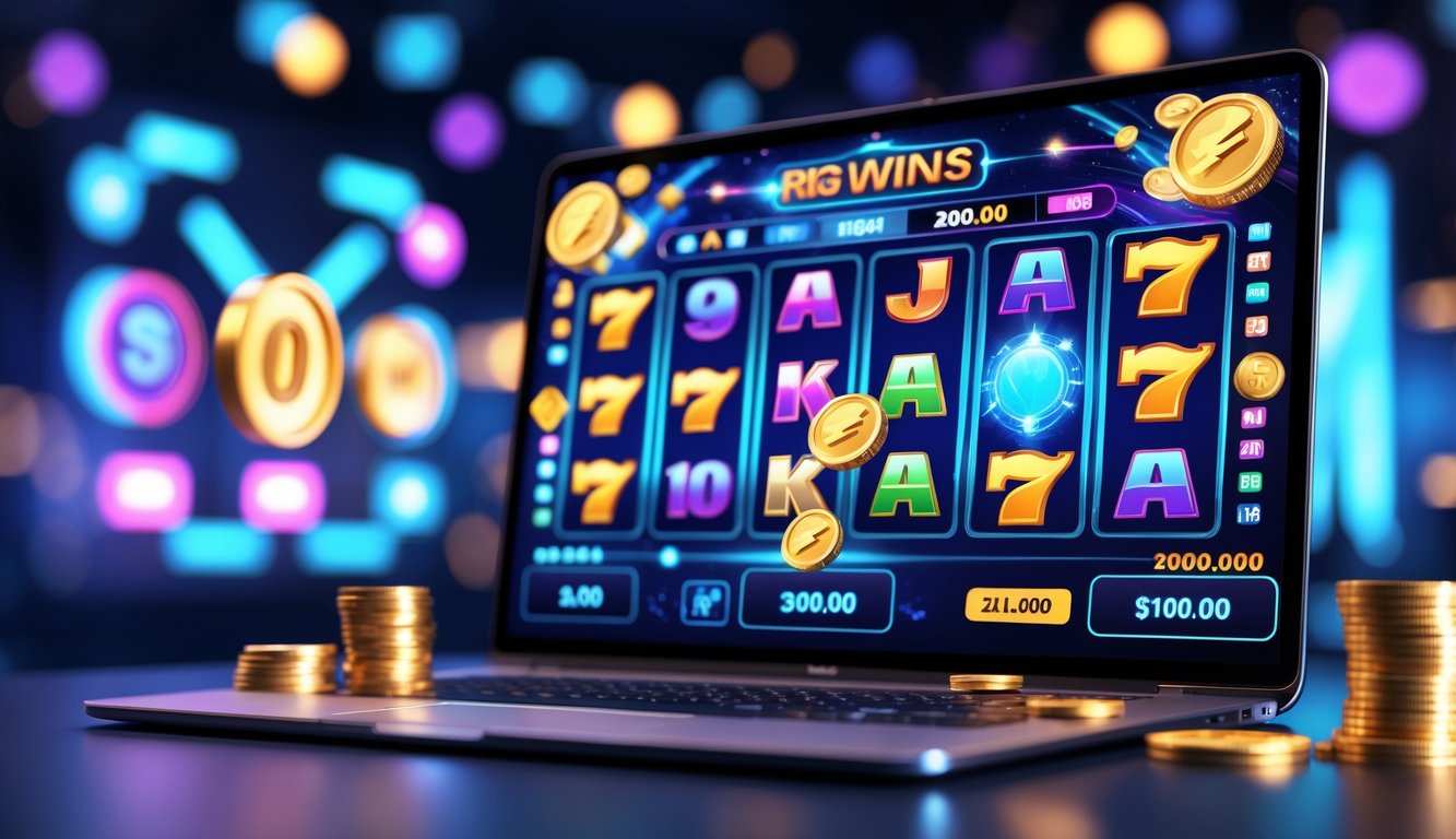 Tampilan perangkat digital dengan permainan slot online yang berwarna-warni dan simbol kemenangan besar.