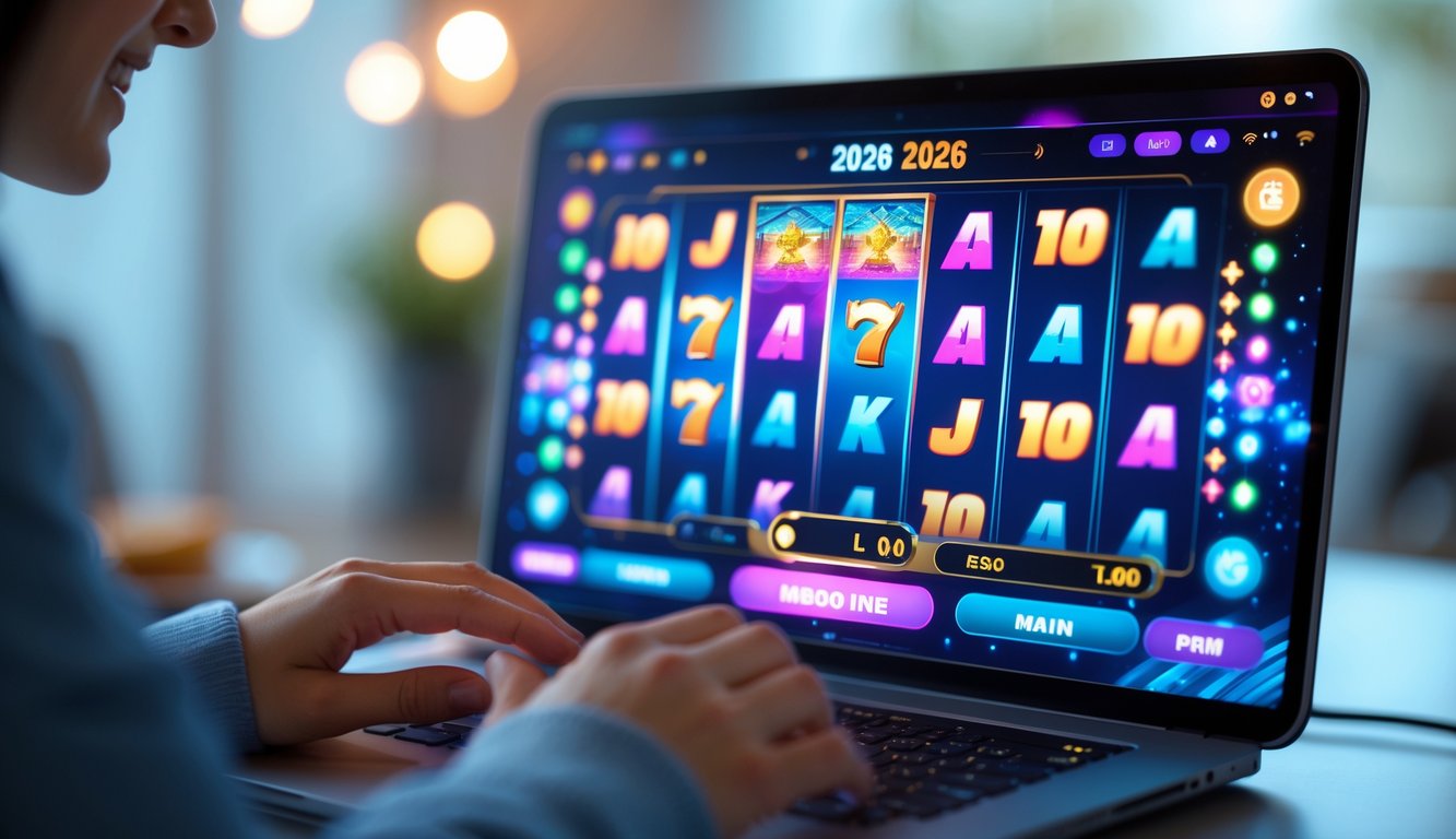 Tampilan close-up layar perangkat yang menampilkan permainan slot online dengan simbol berwarna-warni dan tangan seseorang yang sedang bermain.