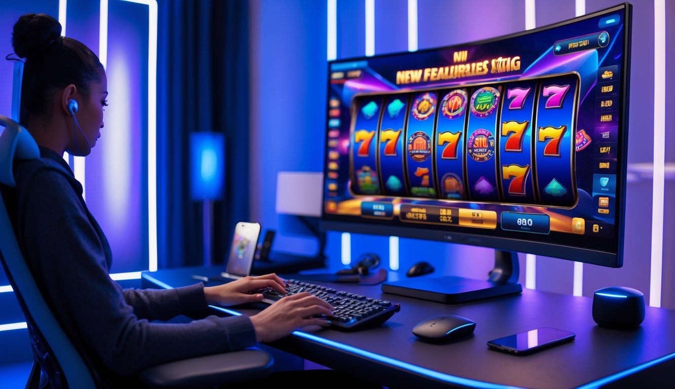 Seseorang sedang menggunakan komputer dengan tampilan mesin slot digital futuristik di ruang permainan yang modern dan terang.