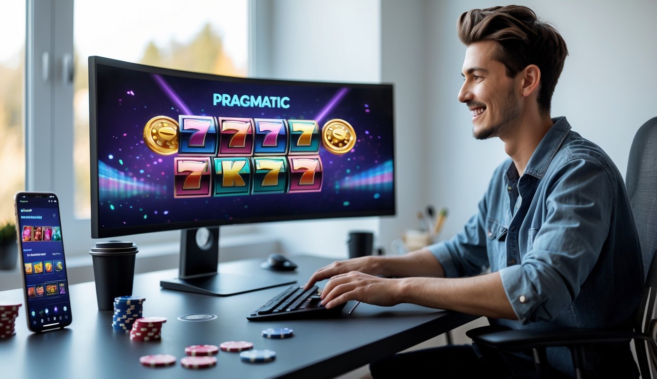 Seseorang duduk di depan komputer dengan tampilan permainan slot online yang berwarna-warni di layar, di sebuah ruang kerja modern yang terang dan rapi.