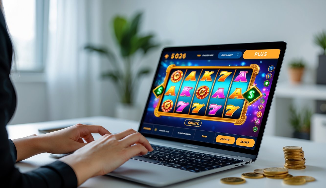 Seseorang bermain permainan slot online di komputer dengan latar belakang ruangan yang rapi dan pencahayaan terang.