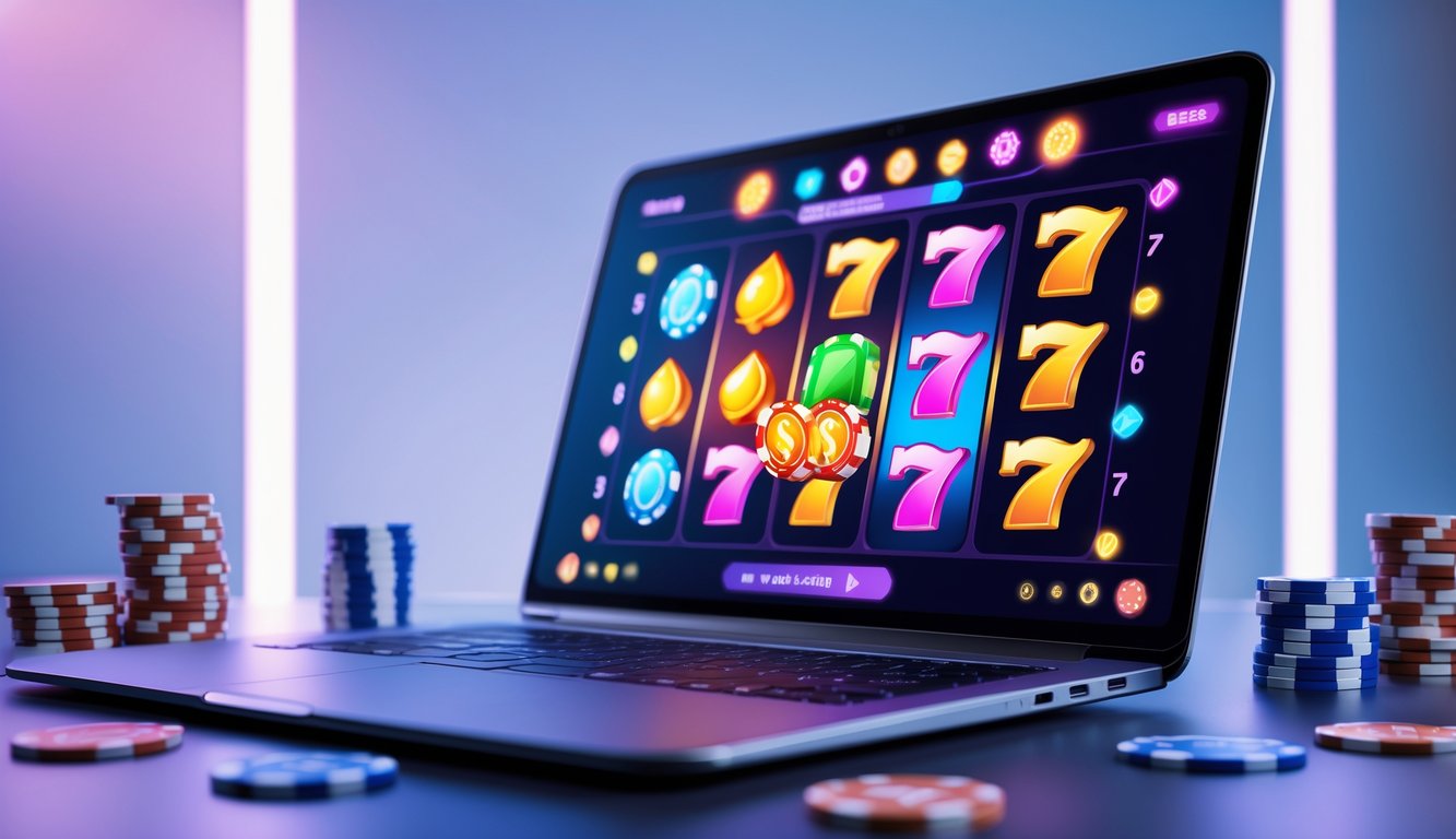 Sebuah layar komputer menampilkan permainan slot online berwarna-warni dengan simbol berputar, dikelilingi chip poker dan kartu bermain di meja yang bersih dan terang.