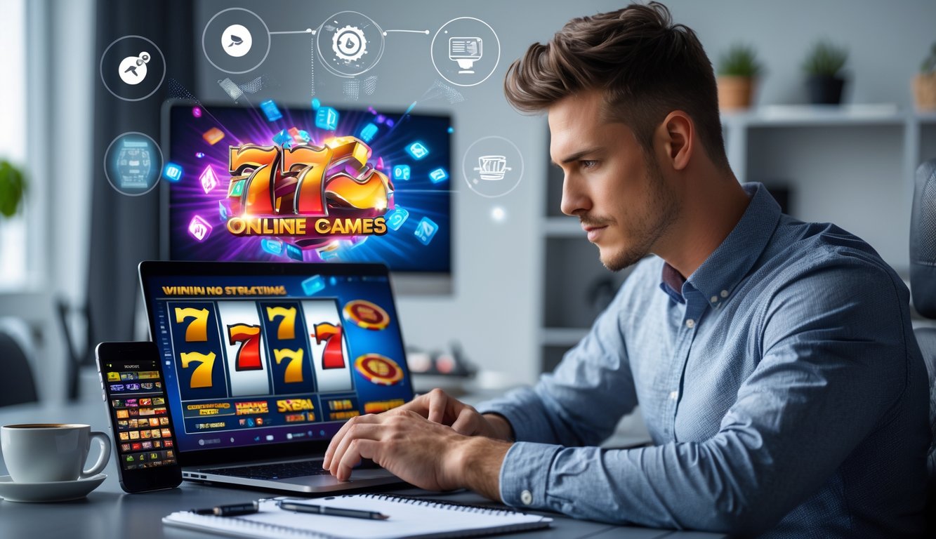Seorang pria muda duduk di meja dengan laptop menampilkan permainan slot online dan grafik strategi kemenangan.