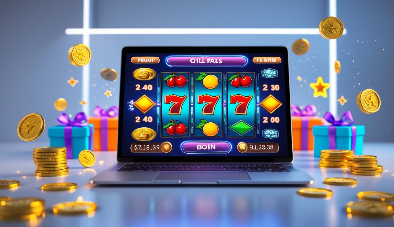 Seseorang menggunakan laptop dengan permainan slot online yang menampilkan simbol buah dan koin di sekitarnya.