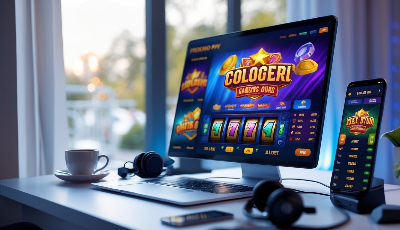 Seorang pemain sedang menggunakan komputer dengan layar menampilkan permainan slot online yang berwarna-warni di lingkungan yang nyaman.