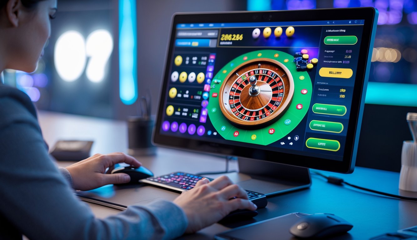 Seseorang bermain roulette online di komputer dengan tampilan permainan roulette yang berwarna-warni di layar.