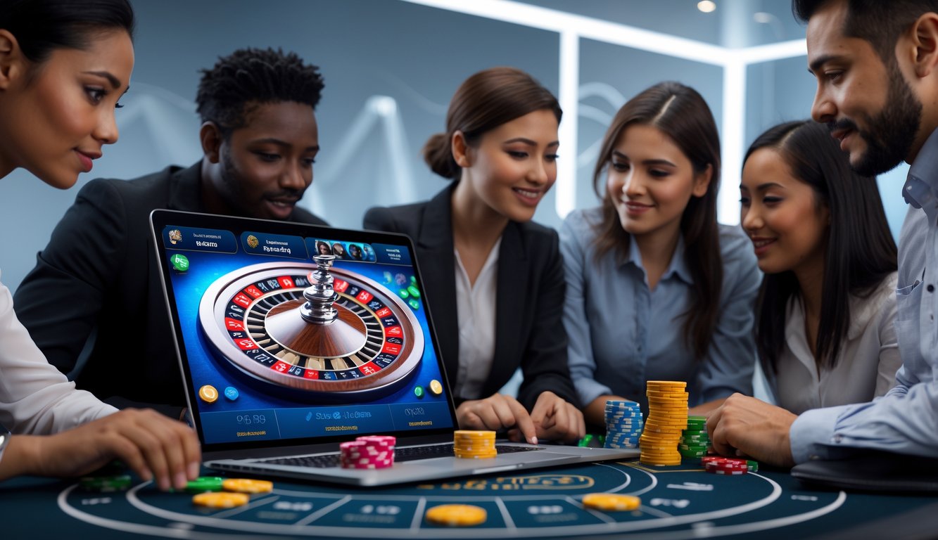 Beberapa orang sedang bermain roulette online di depan komputer dengan suasana yang fokus dan profesional.