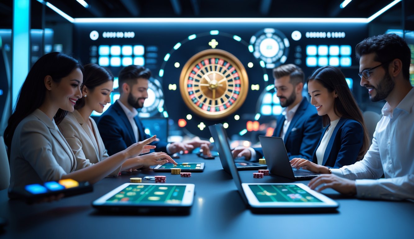 Orang-orang menggunakan perangkat digital untuk bermain roulette online di lingkungan modern dan terang.