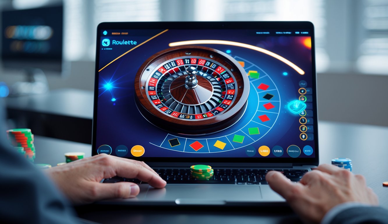 Seseorang menggunakan laptop dengan tampilan roda roulette digital dan chip taruhan di meja virtual, di ruang kerja yang modern dan terang.